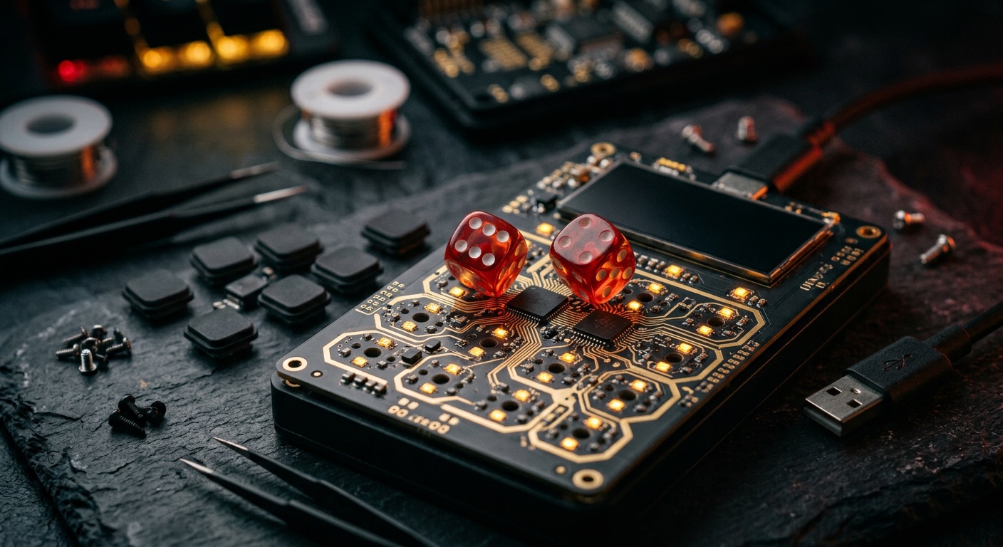 Red dice resting on a hardware-wallet circuit board on an electronics workbench