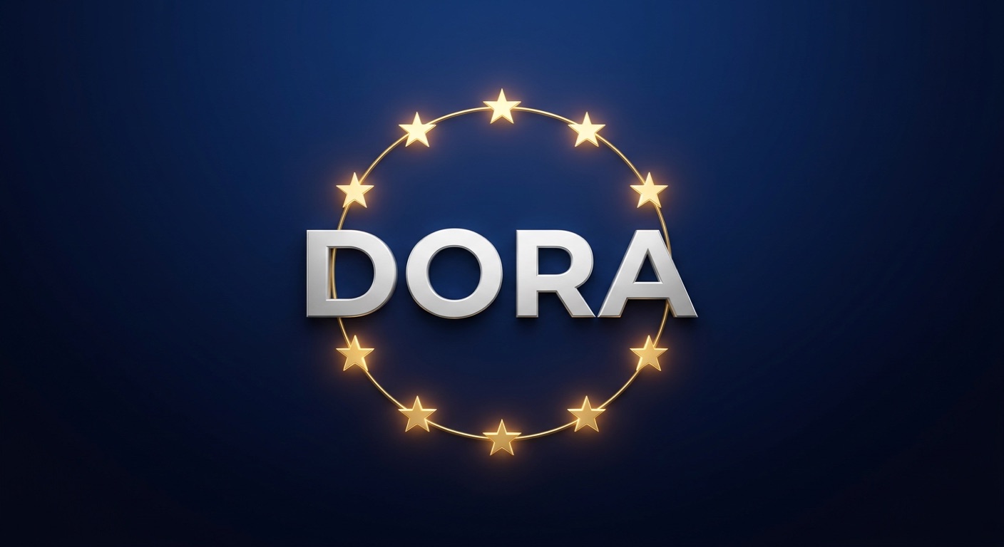 The word DORA encircled by a ring of gold stars on a dark blue background, evoking the European Union flag